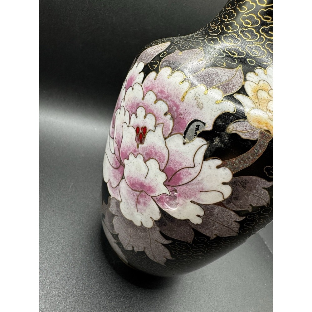 Vintage Brass And Cloisonne Vase China - 8" Flowers Butterfly - Pink & Yellow - Picture 8 of 13